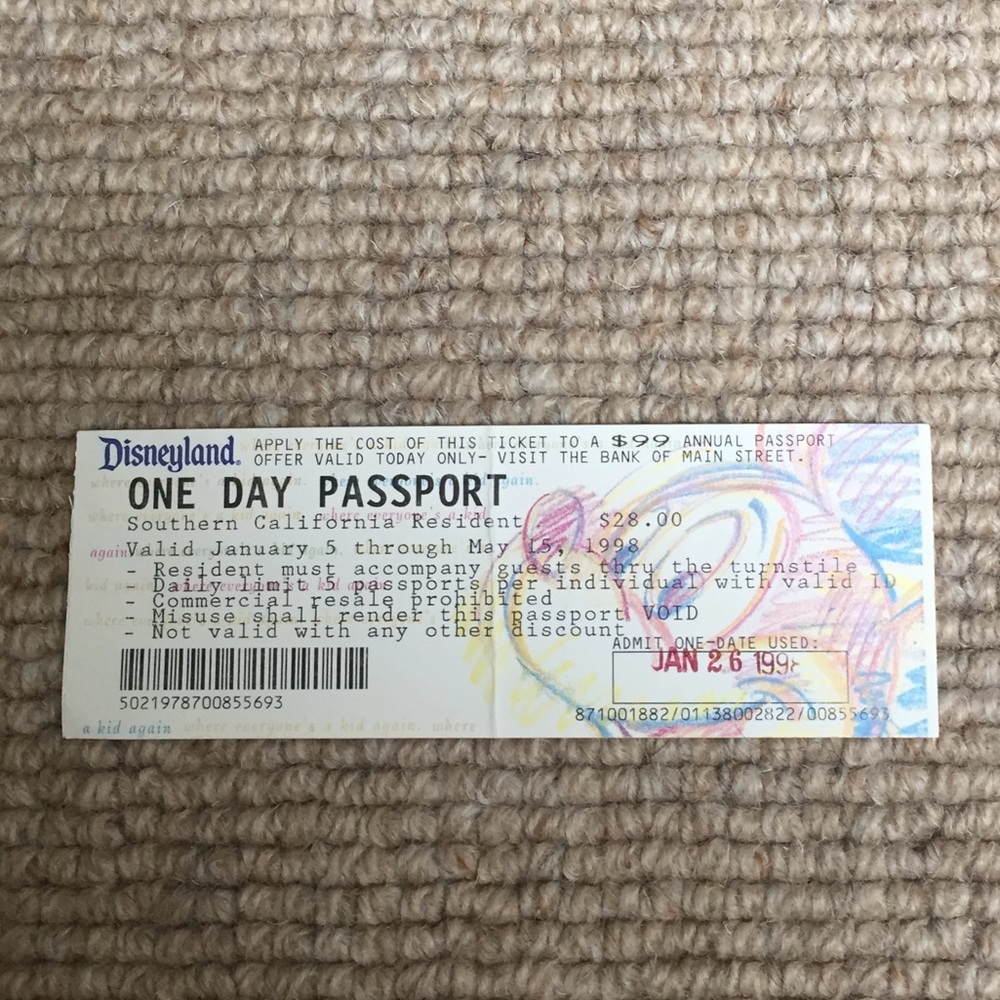 1998 Disneyland One Day Passport Ticket